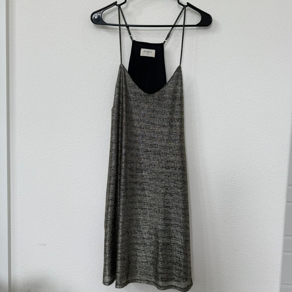 EVERLY Slip Mini Dress Metallic Grid Black Silver Strappy A-Line‎ Cocktail L